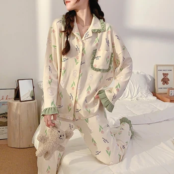 Осенне-зимние женские пижамные комплекты, хлопковый кардиган, одежда для отдыха с длинными рукавами, зеленый кружевной женский свитер в корейском стиле с милым цветочным рисунком.